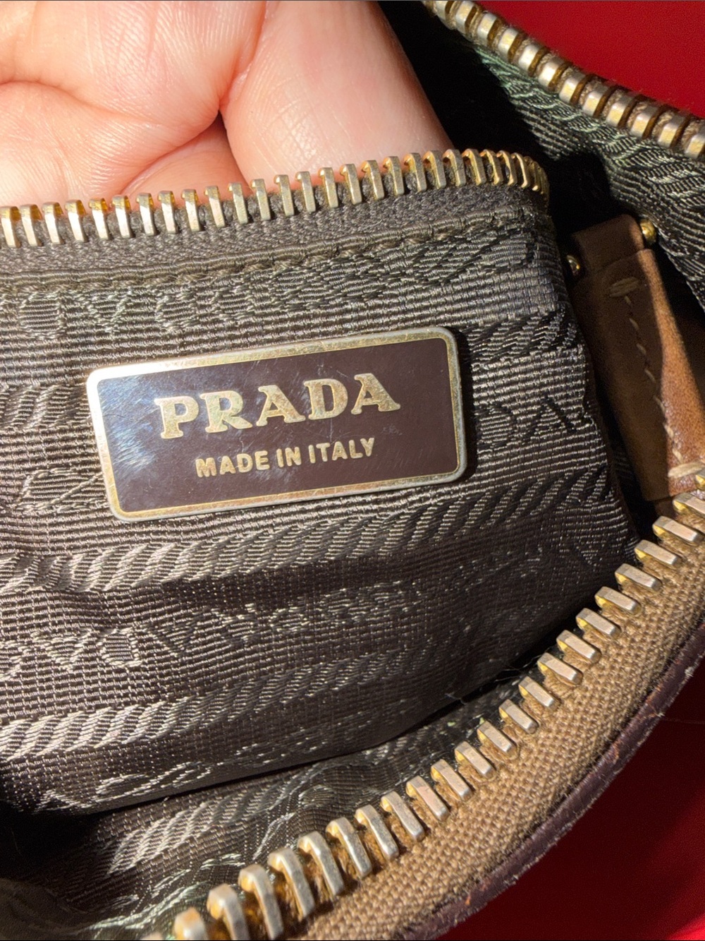 Prada Olive Green Nylon Crossbody with Brown Leather Trim and Beige Strap - Picture 8 of 12